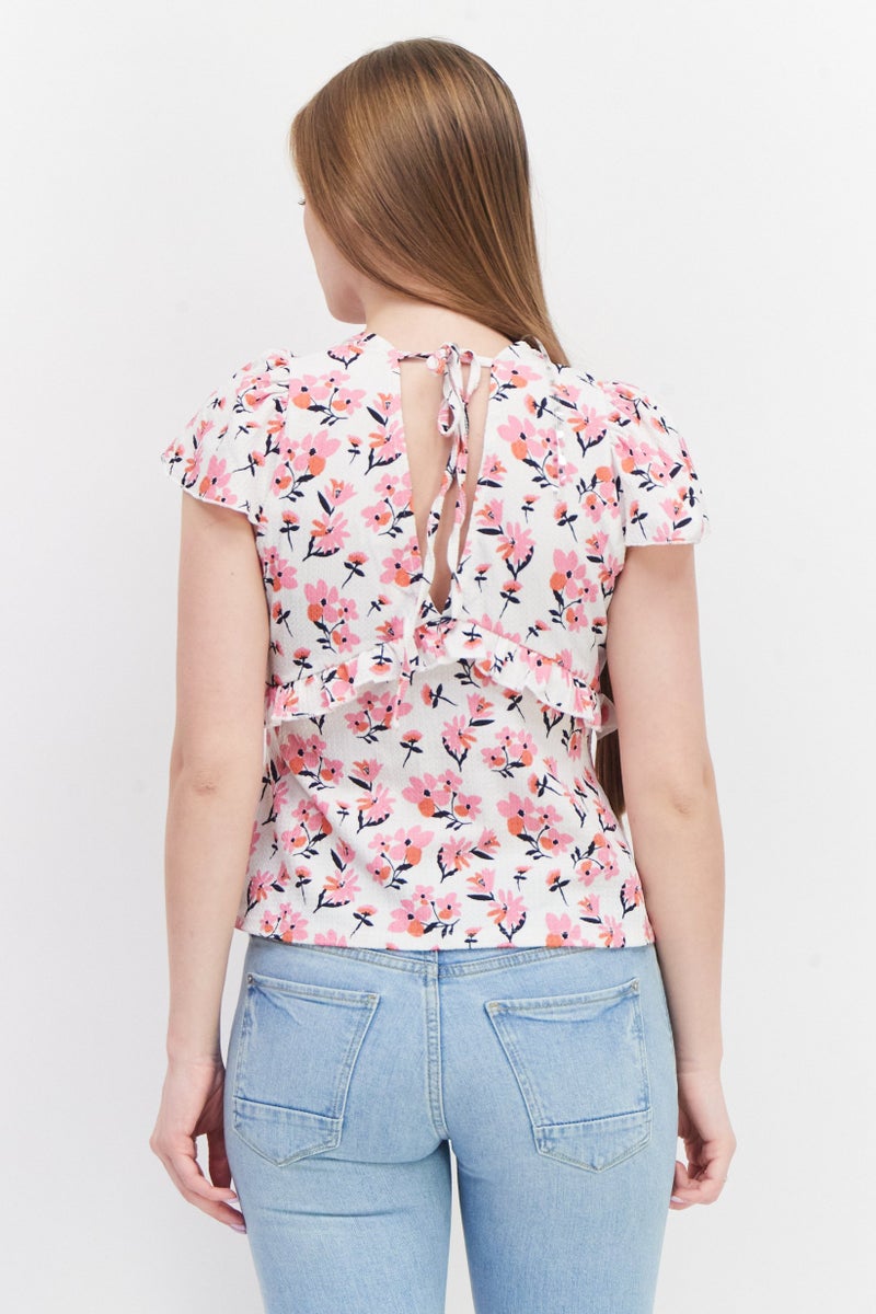 RIVER ISLAND بلوزة نسائية بأكمام قصيرة على شكل حرف V، طباعة شاملة، مجموعة بيضاء - Image 4